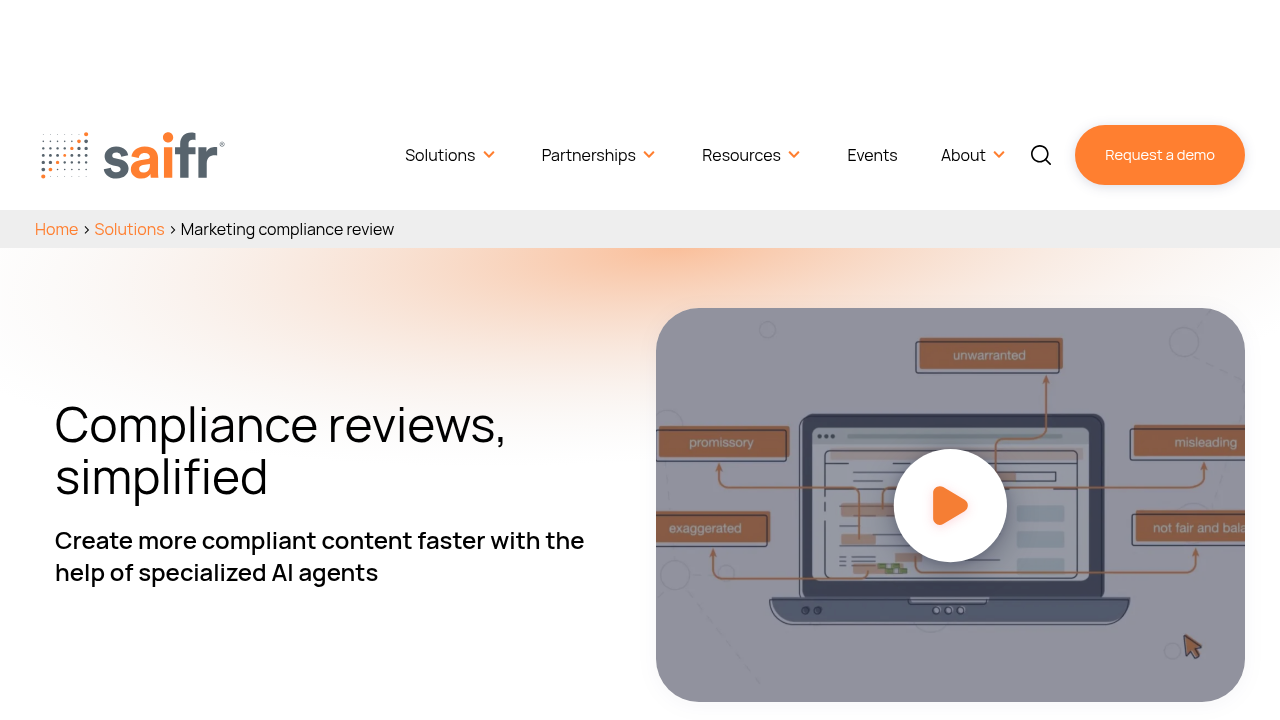 Saifr marketing compliance review page showing AI-flagged terms like misleading and exaggerated on a laptop