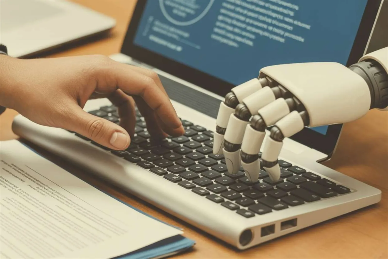Human hand and robotic hand typing together on a laptop keyboard with documents nearby