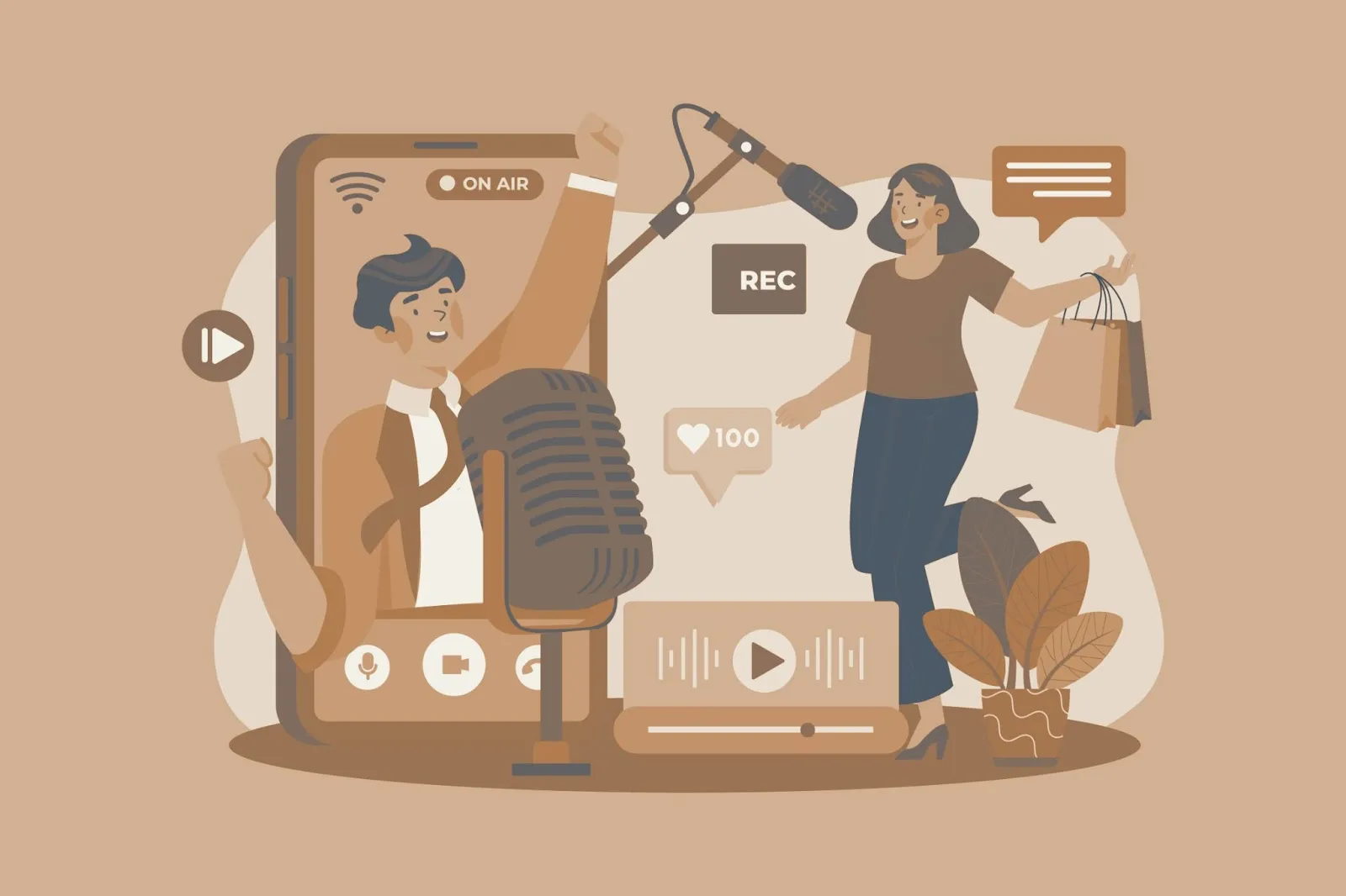Illustration of influencers creating social media content with microphones, phone screens, and recording icons