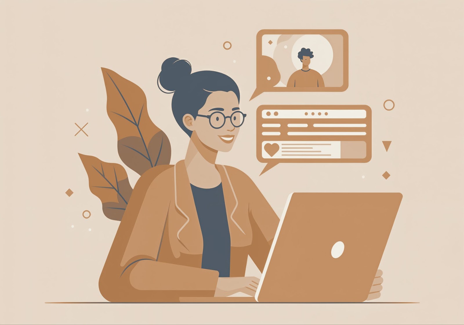 Illustration of woman at laptop viewing social media endorsement content with profile and engagement icons