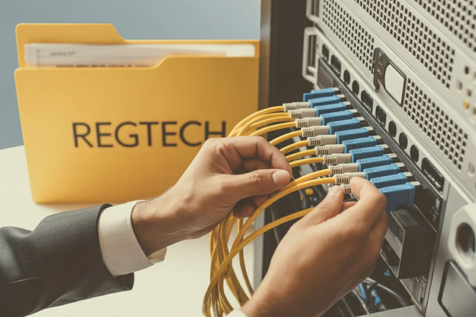 Hands plugging fiber optic cables into a server rack with a RegTech folder in the background