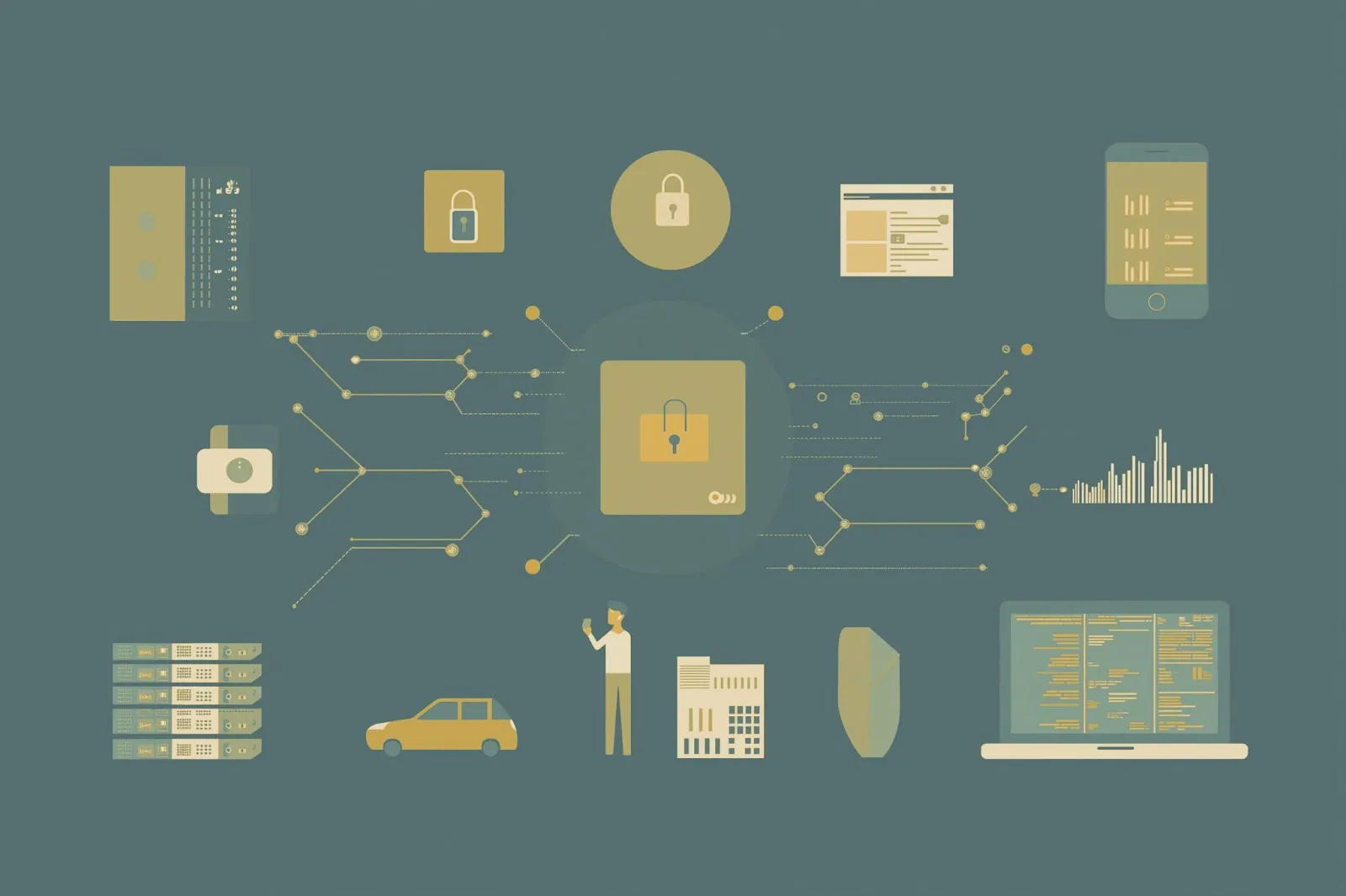 Illustrated network of connected devices including servers, laptops, and phones around a central padlock icon