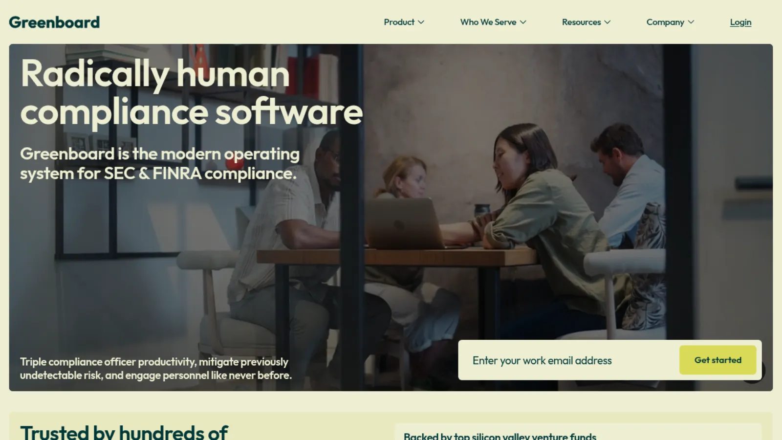 Greenboard compliance software homepage showing SEC and FINRA compliance platform with team meeting background