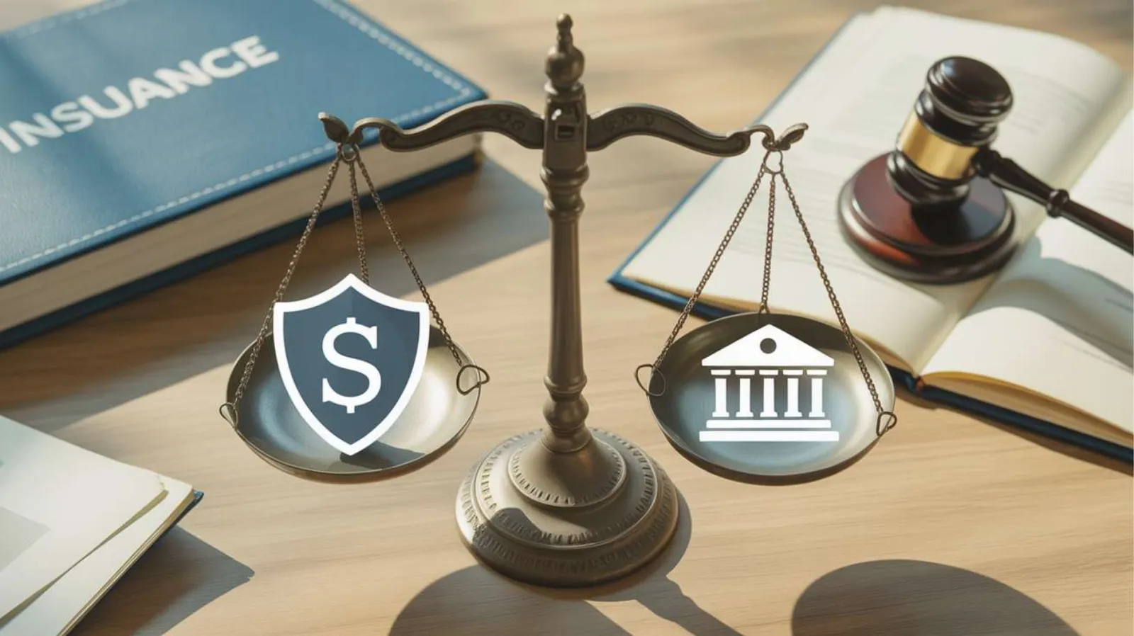Balance scales with a dollar shield icon and government building icon beside an insurance folder and gavel
