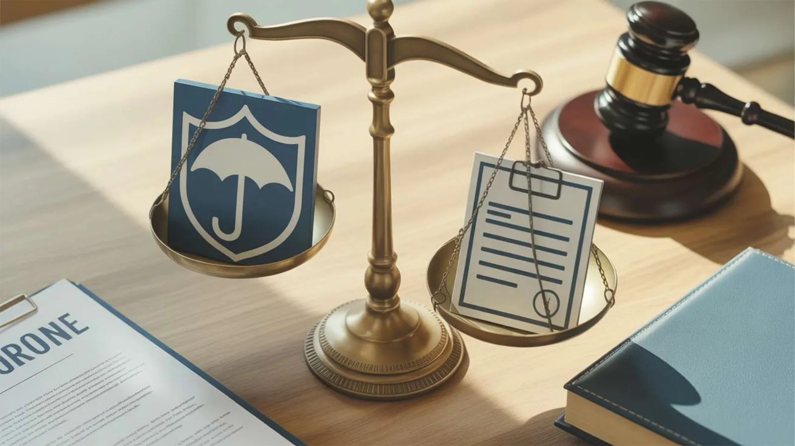 Balance scales weighing an insurance umbrella shield against a regulatory document with a gavel nearby