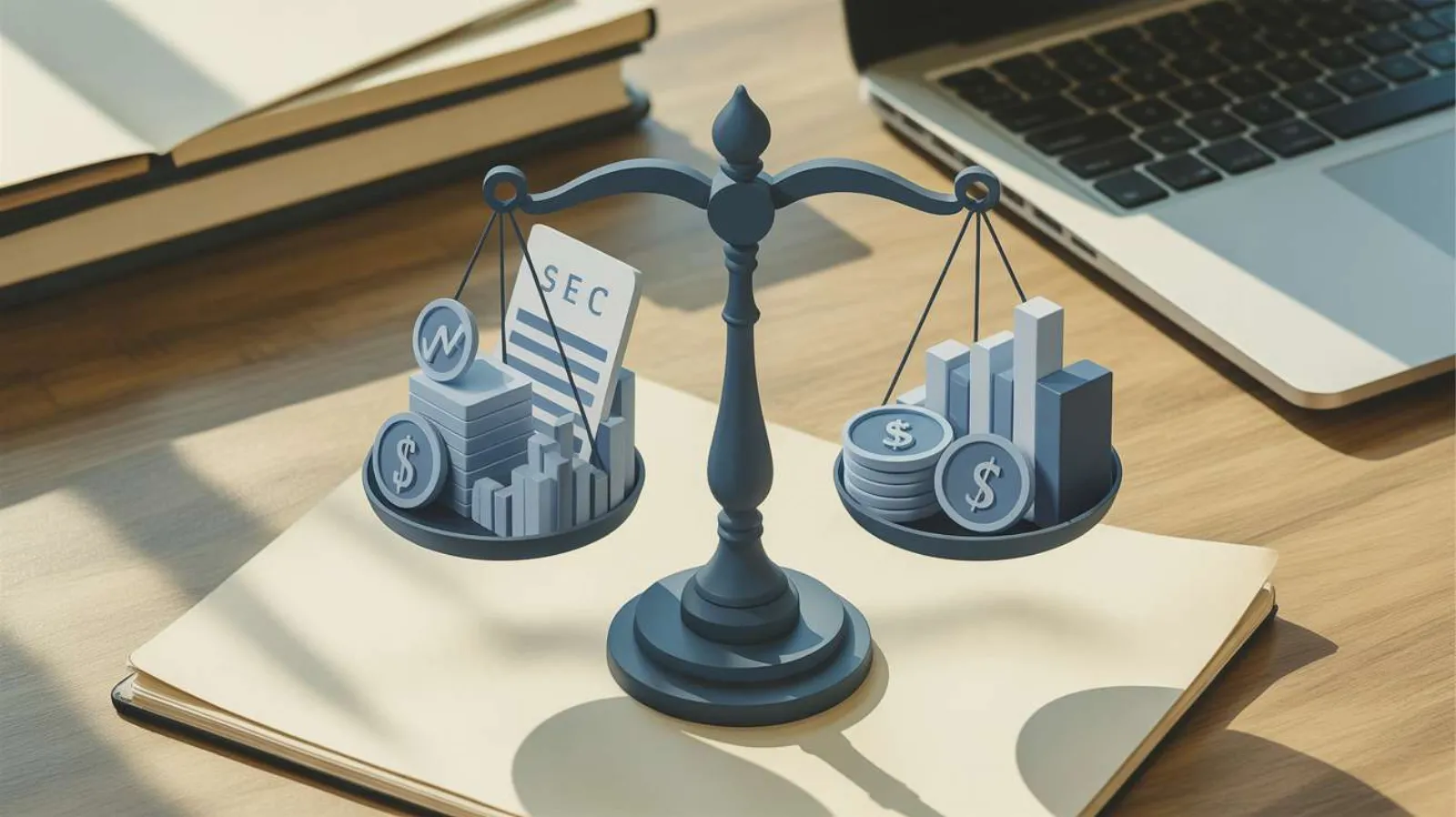 Blue stylized balance scales holding SEC documents and dollar signs on a desk with a laptop