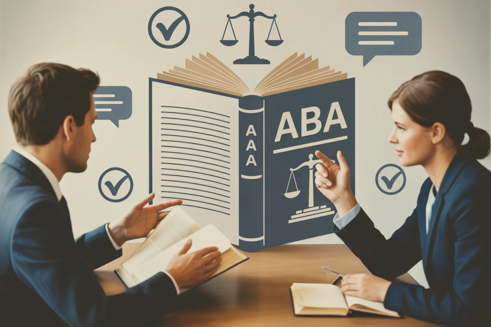 Two lawyers discussing ABA ethics guidelines with an open rulebook and scales of justice between them