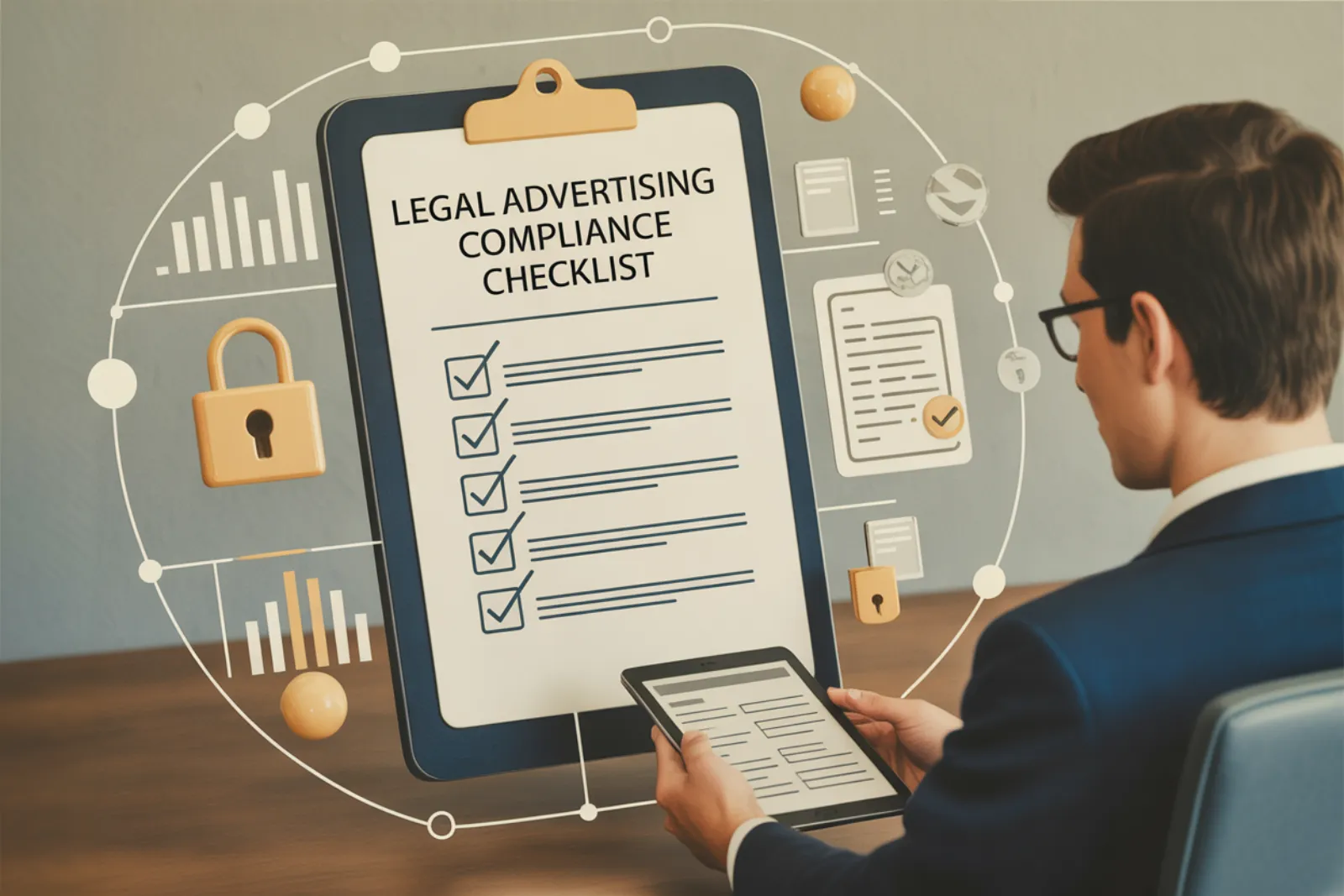 Professional reviewing a legal advertising compliance checklist on a tablet with security and chart icons