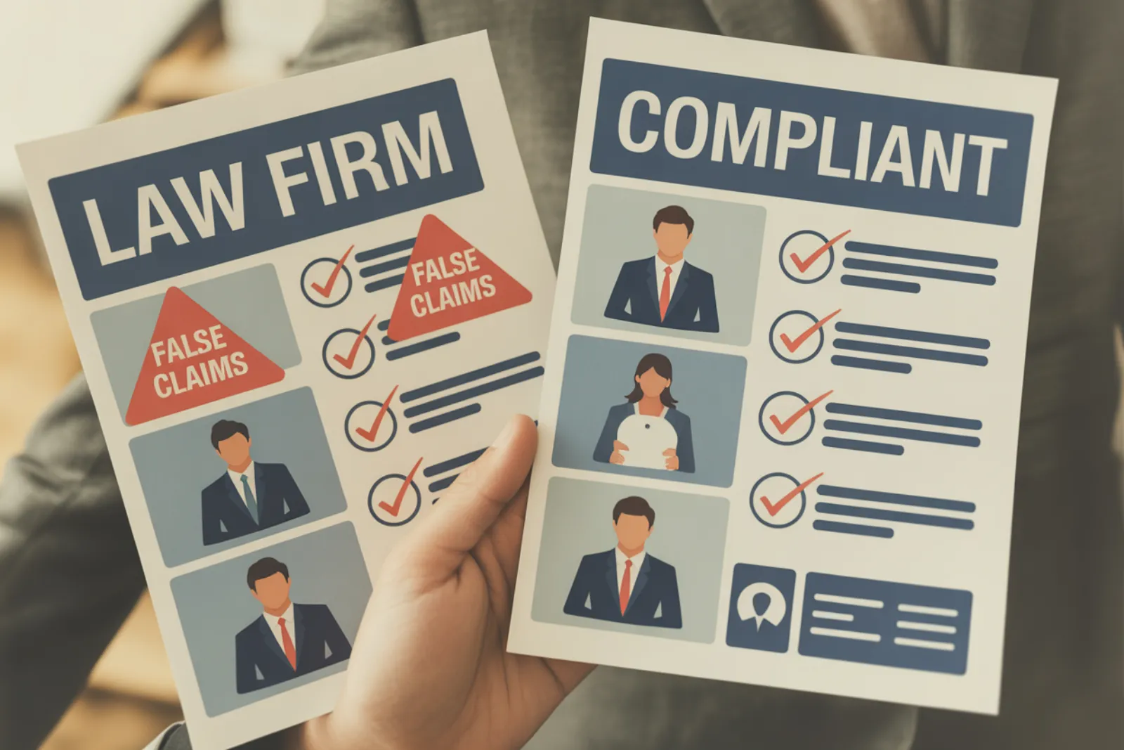 Hand holding law firm and compliant brochures highlighting false claims warnings and checkmarks