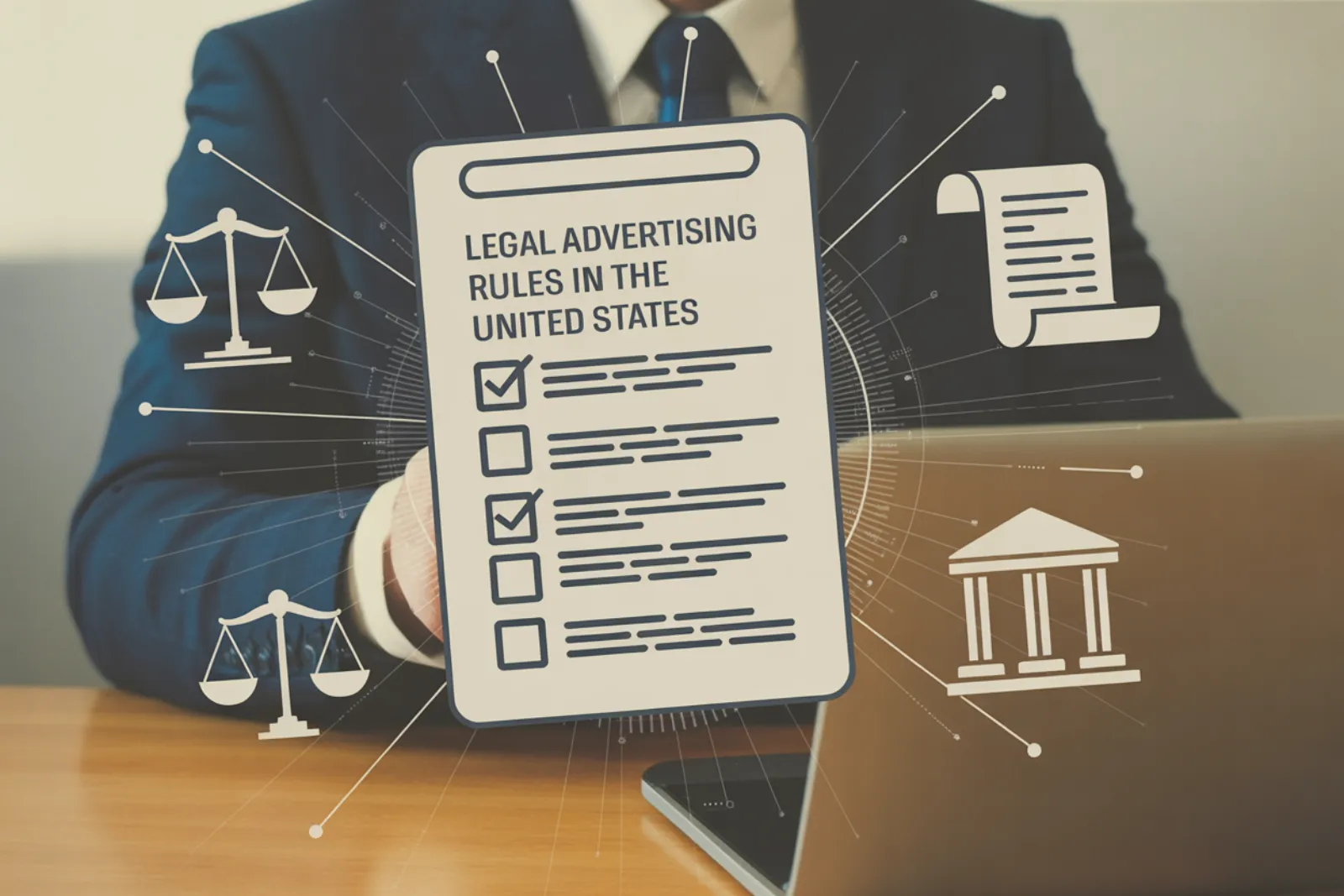 Professional holding a legal advertising rules checklist with scales of justice and courthouse icons