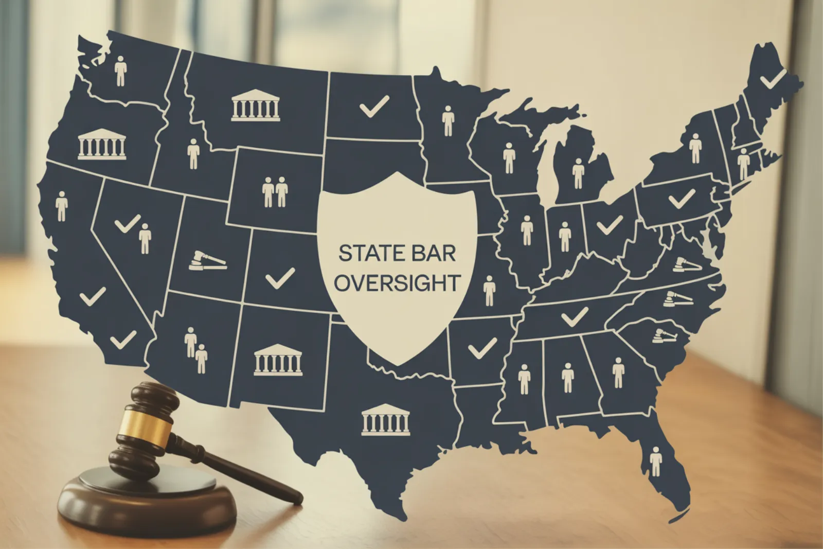 U.S. map showing state bar oversight with courthouse and attorney icons across states and a gavel