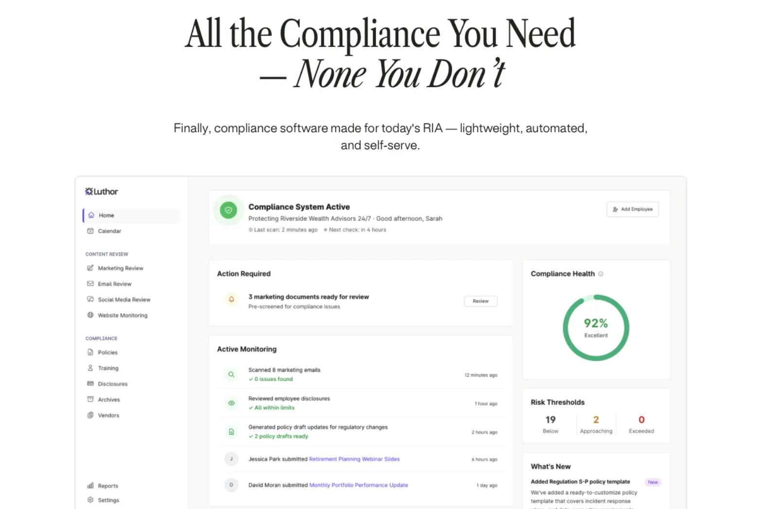Luthor compliance dashboard showing active monitoring, compliance health score, and action items for an RIA