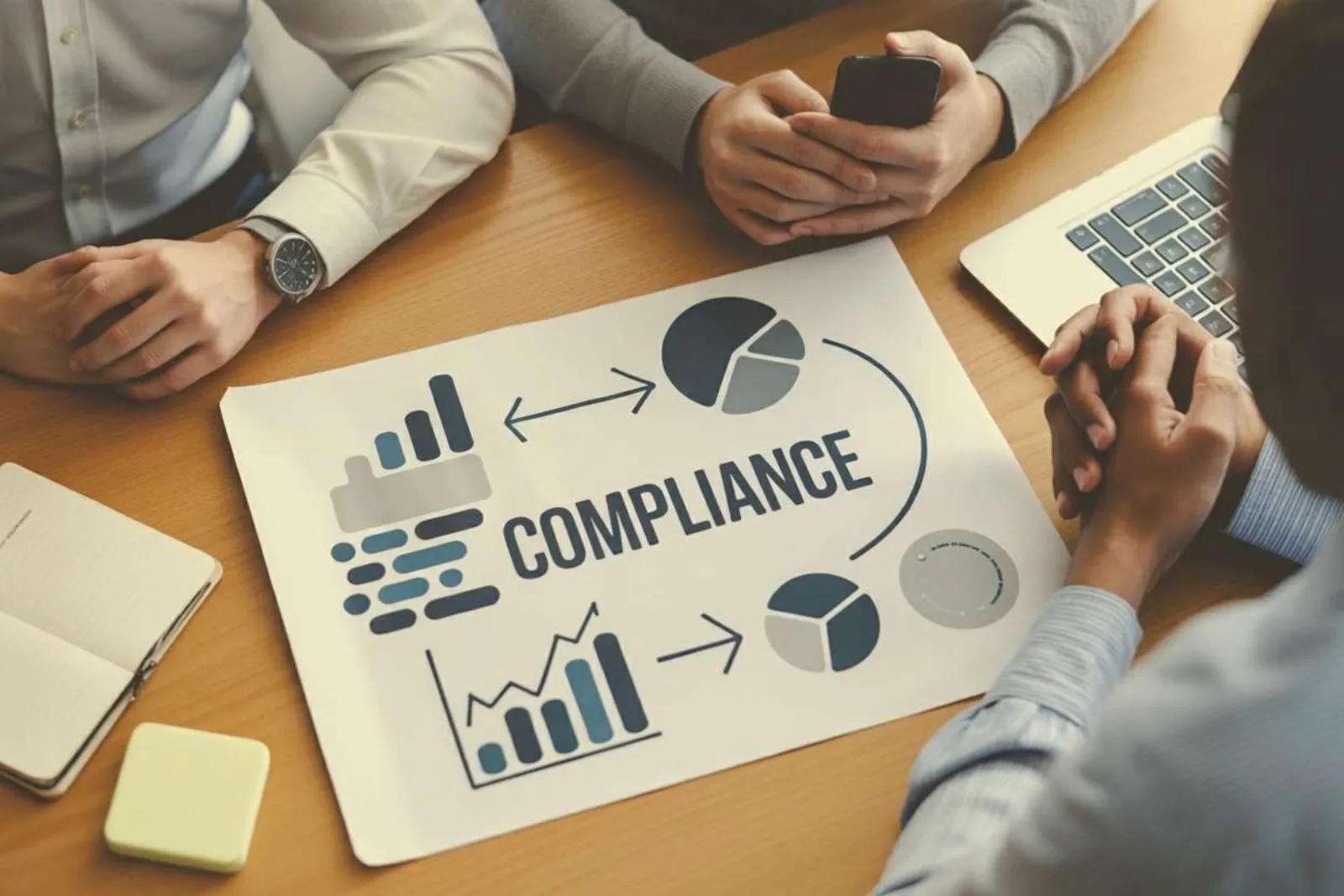 Team discussing a compliance workflow diagram with charts and pie graphs on a table