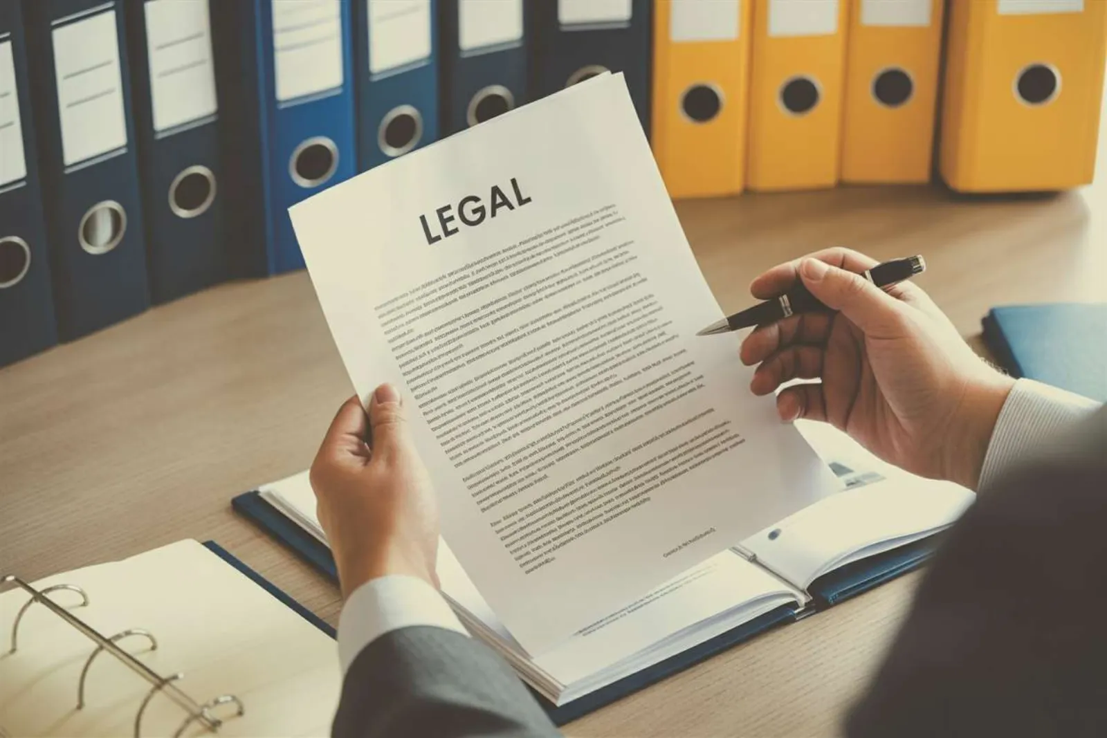 Professional reviewing a legal document at a desk with colored binders in the background