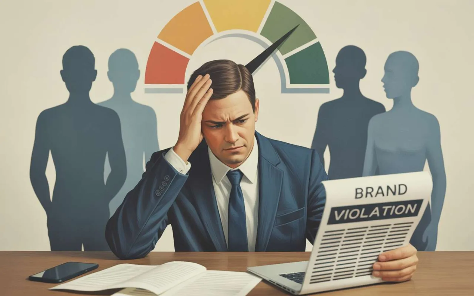 Worried executive reading a brand violation notice with a risk severity meter gauge behind him