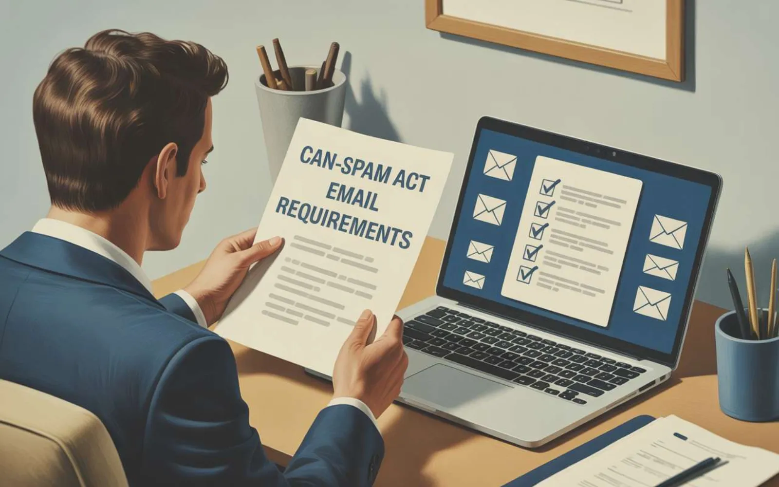 Professional reading CAN-SPAM Act email requirements document with email checklist on laptop screen