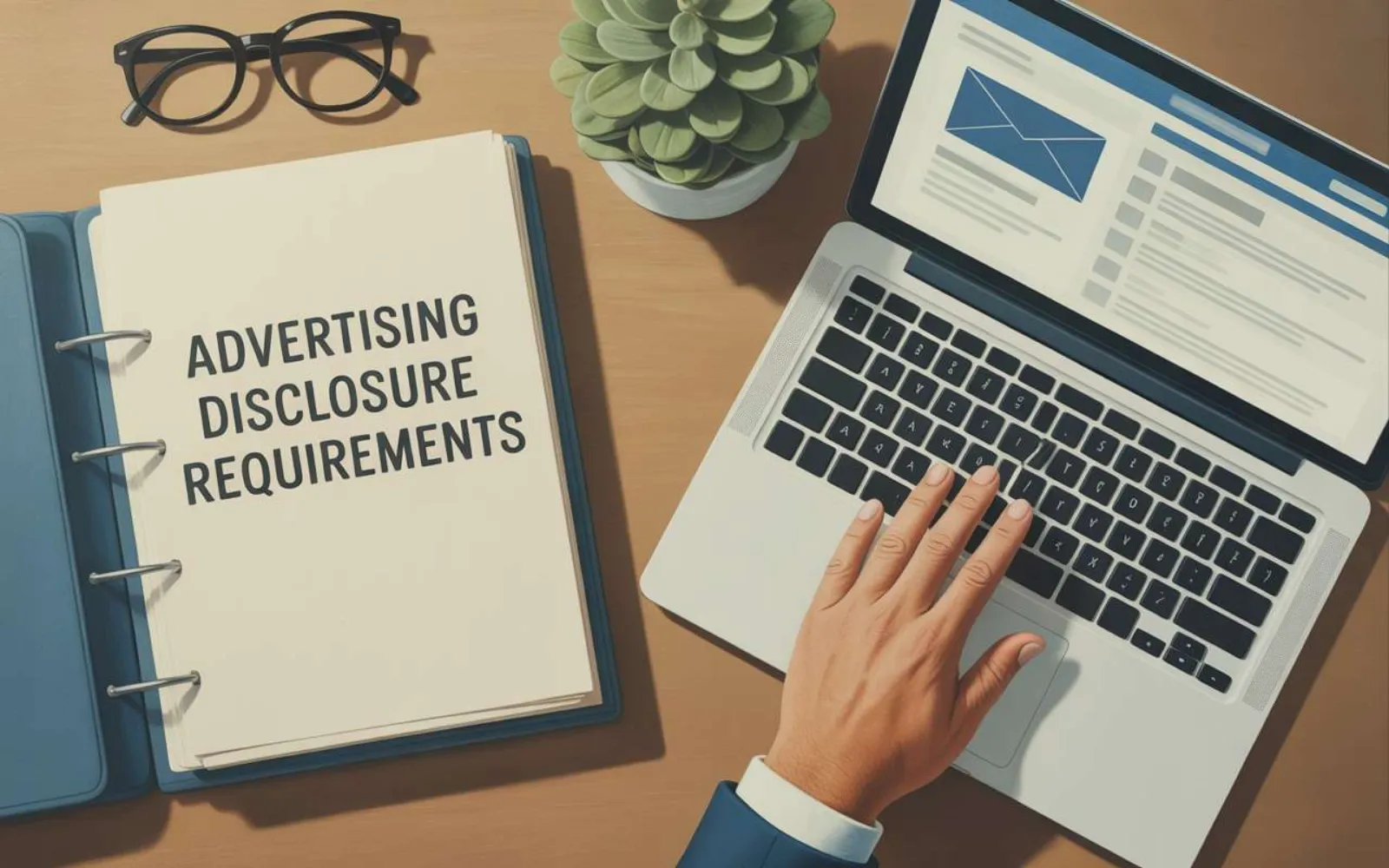 Open binder labeled advertising disclosure requirements next to a laptop showing email interface