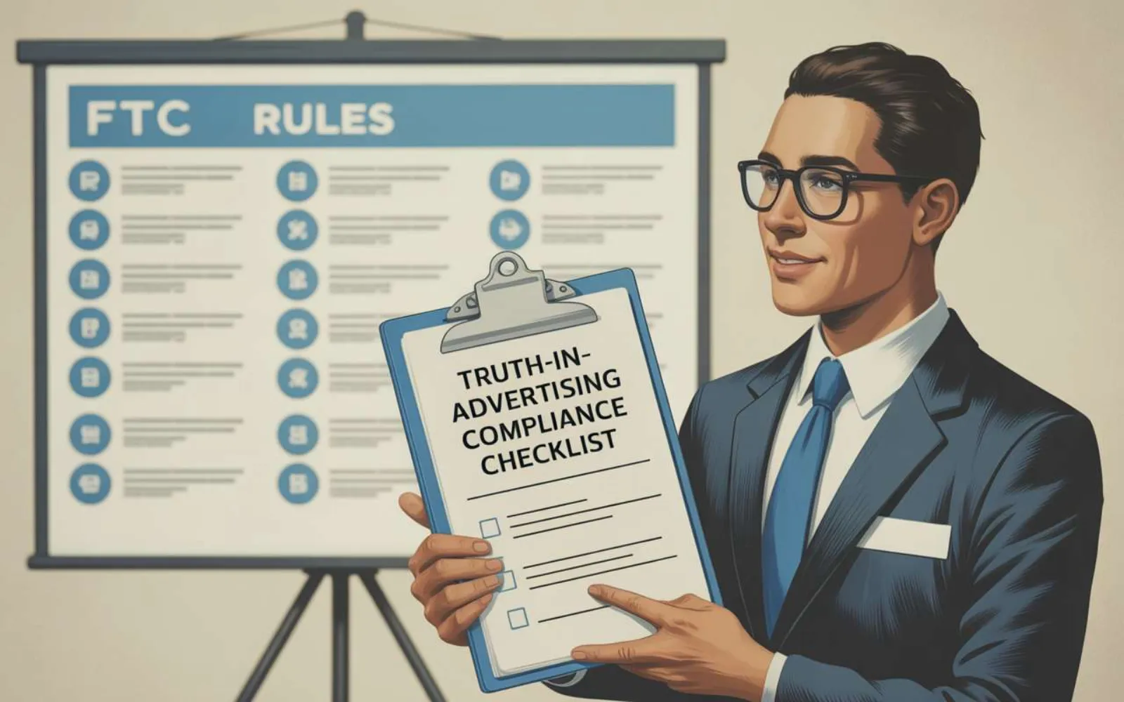 Illustrated professional holding a truth-in-advertising compliance checklist with FTC rules board behind