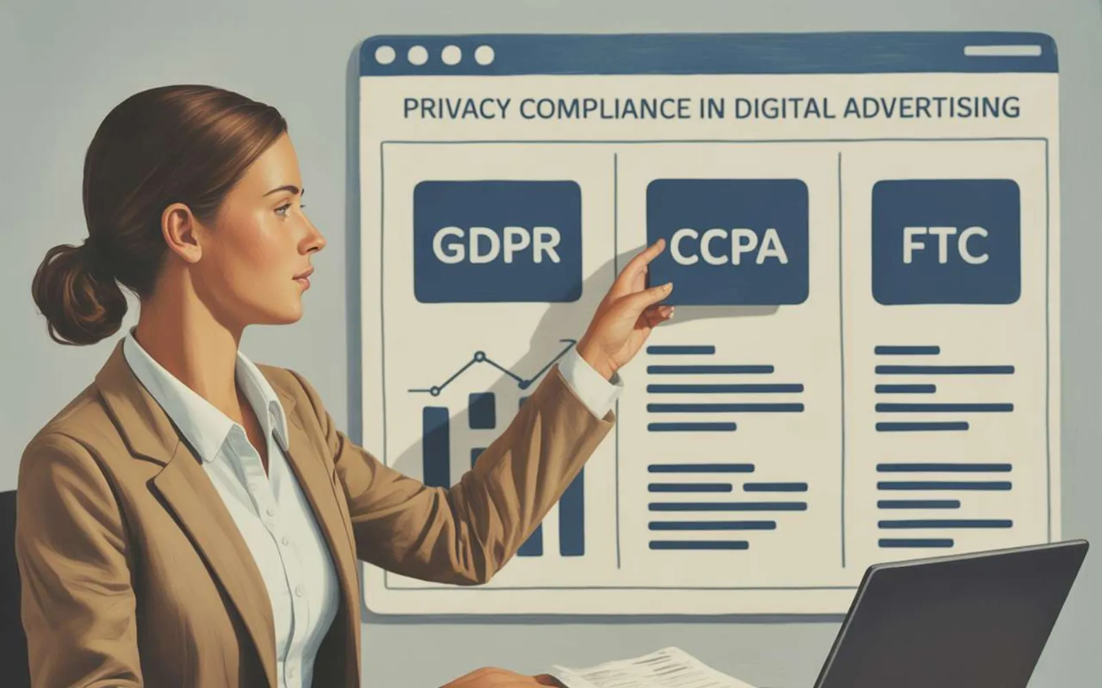 Woman presenting a privacy compliance in digital advertising display showing GDPR, CCPA, and FTC