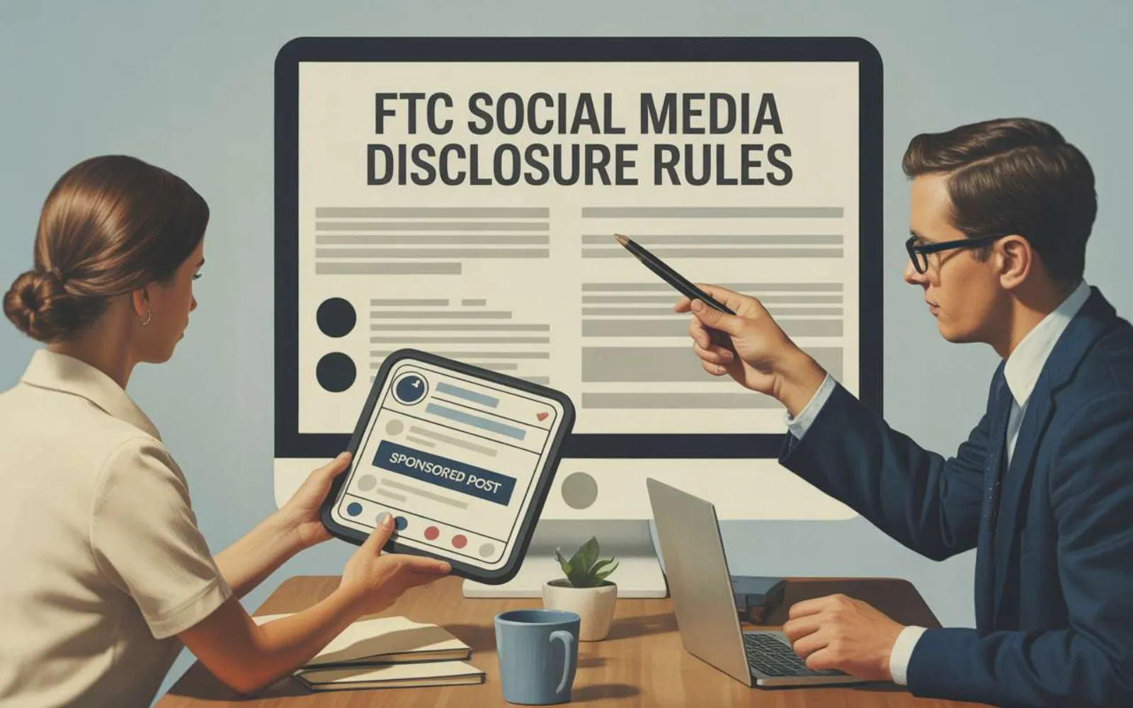 Two professionals reviewing FTC social media disclosure rules on a monitor with a sponsored post on tablet