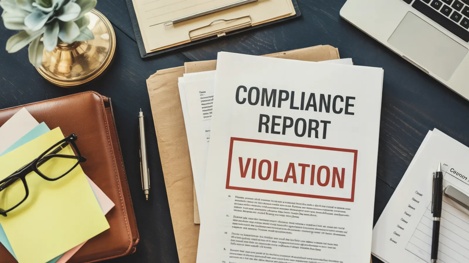 Compliance report papers stamped with red violation marking on a dark desk with glasses and sticky notes