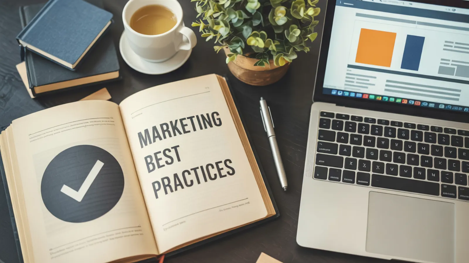 Open book displaying marketing best practices with a checkmark beside a laptop showing charts