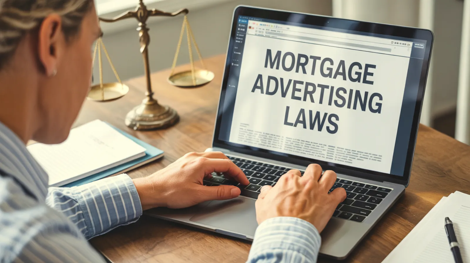 Professional researching mortgage advertising laws on a laptop with a legal scale nearby