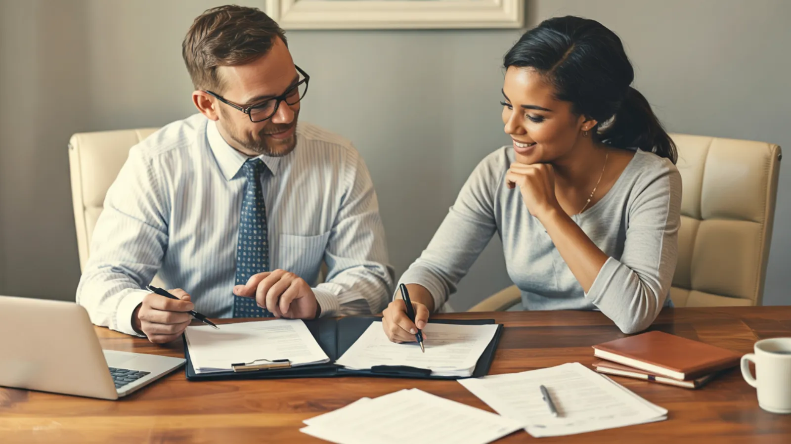 Mortgage loan officer and client smiling while reviewing documents together at a desk