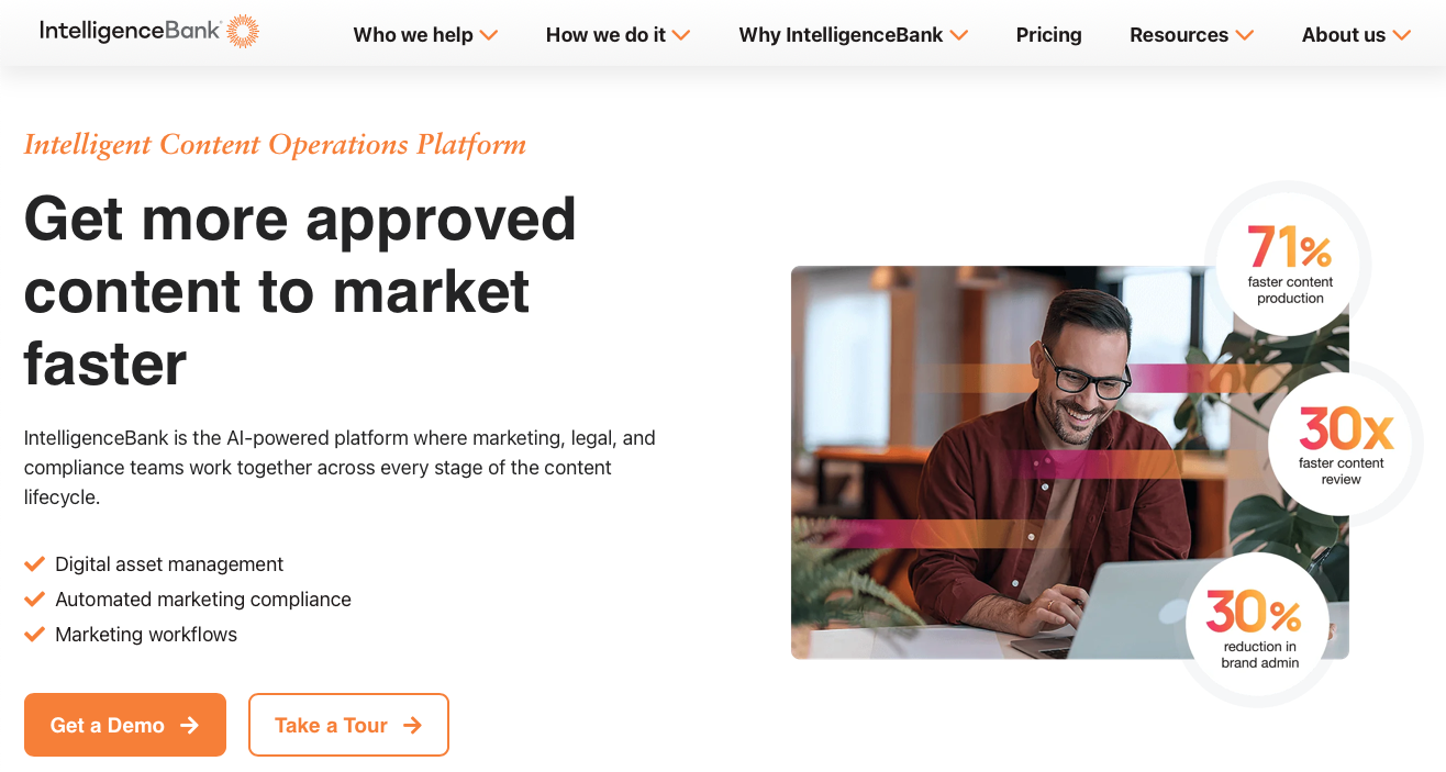 IntelligenceBank homepage promoting AI-powered content operations platform with performance metrics
