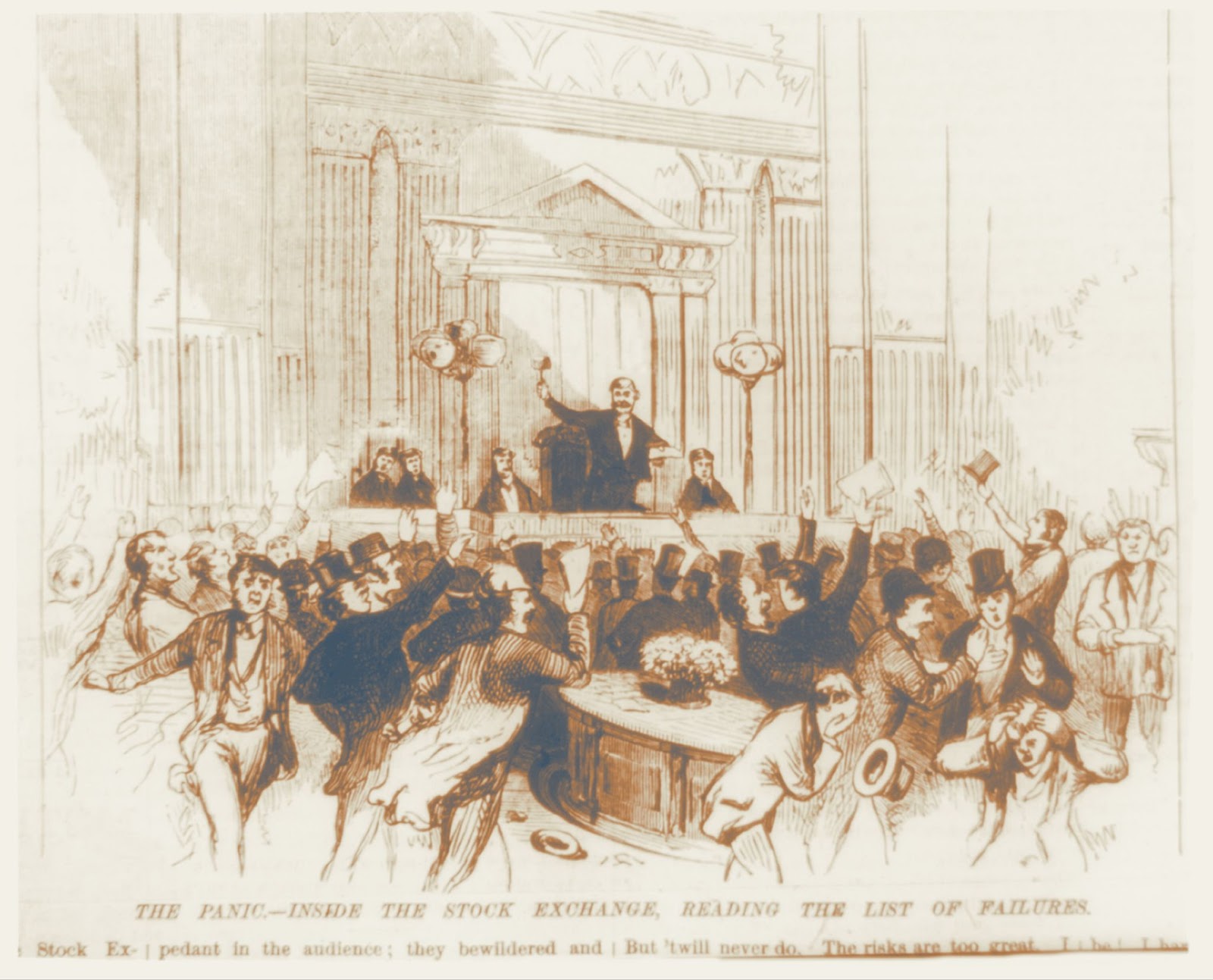 Historical engraving depicting panic inside a stock exchange with traders reading a list of failures
