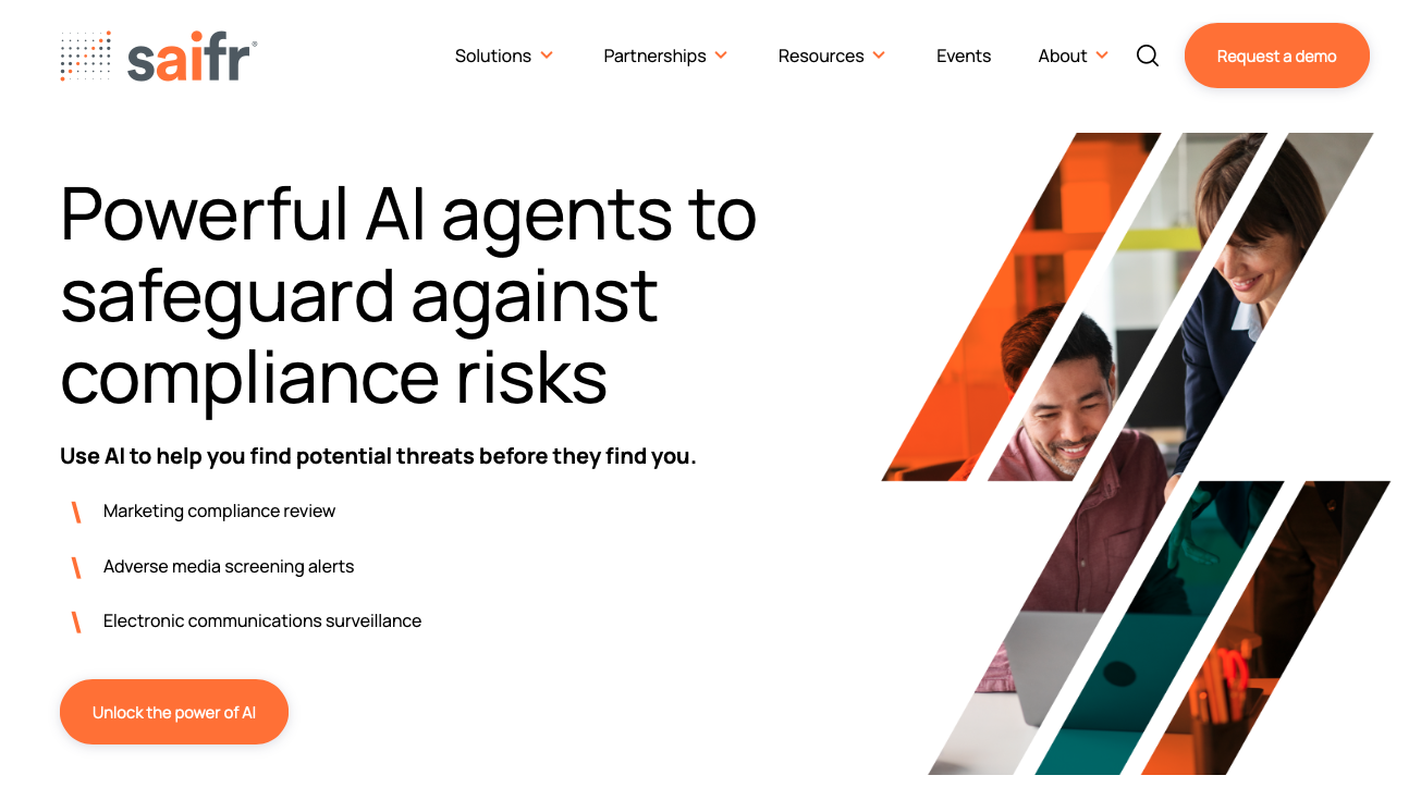 Saifr homepage showcasing AI agents for marketing compliance review and communications surveillance