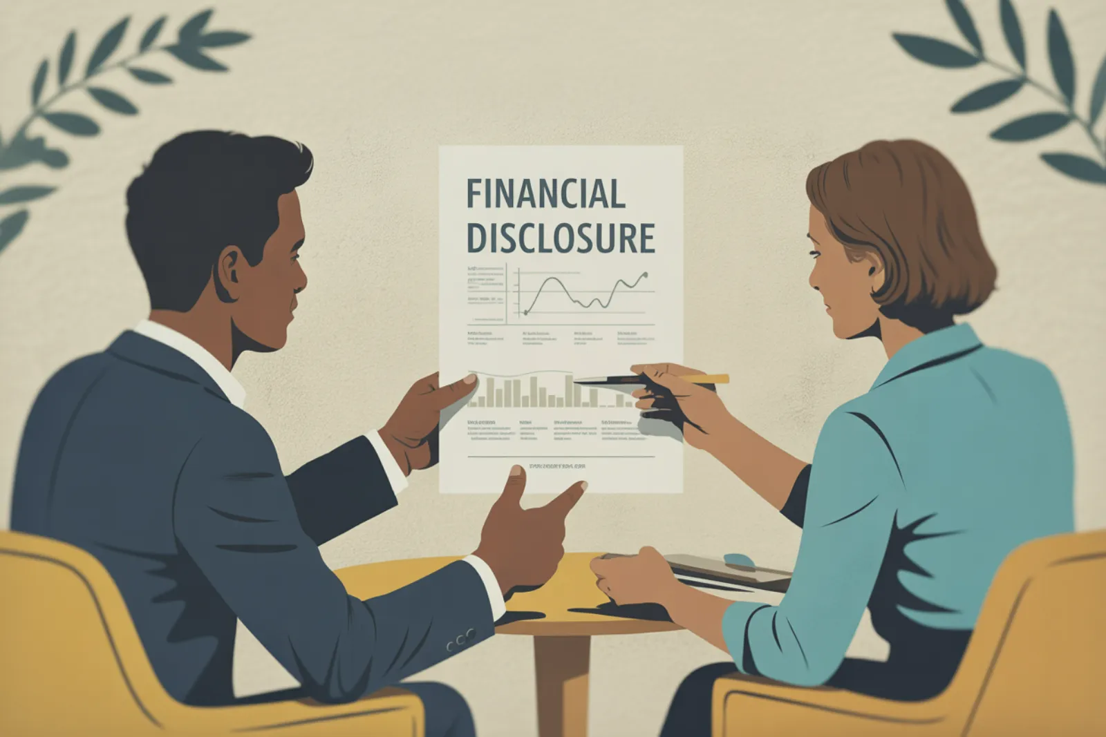 Two advisors discussing a financial disclosure document with charts in an illustrated scene