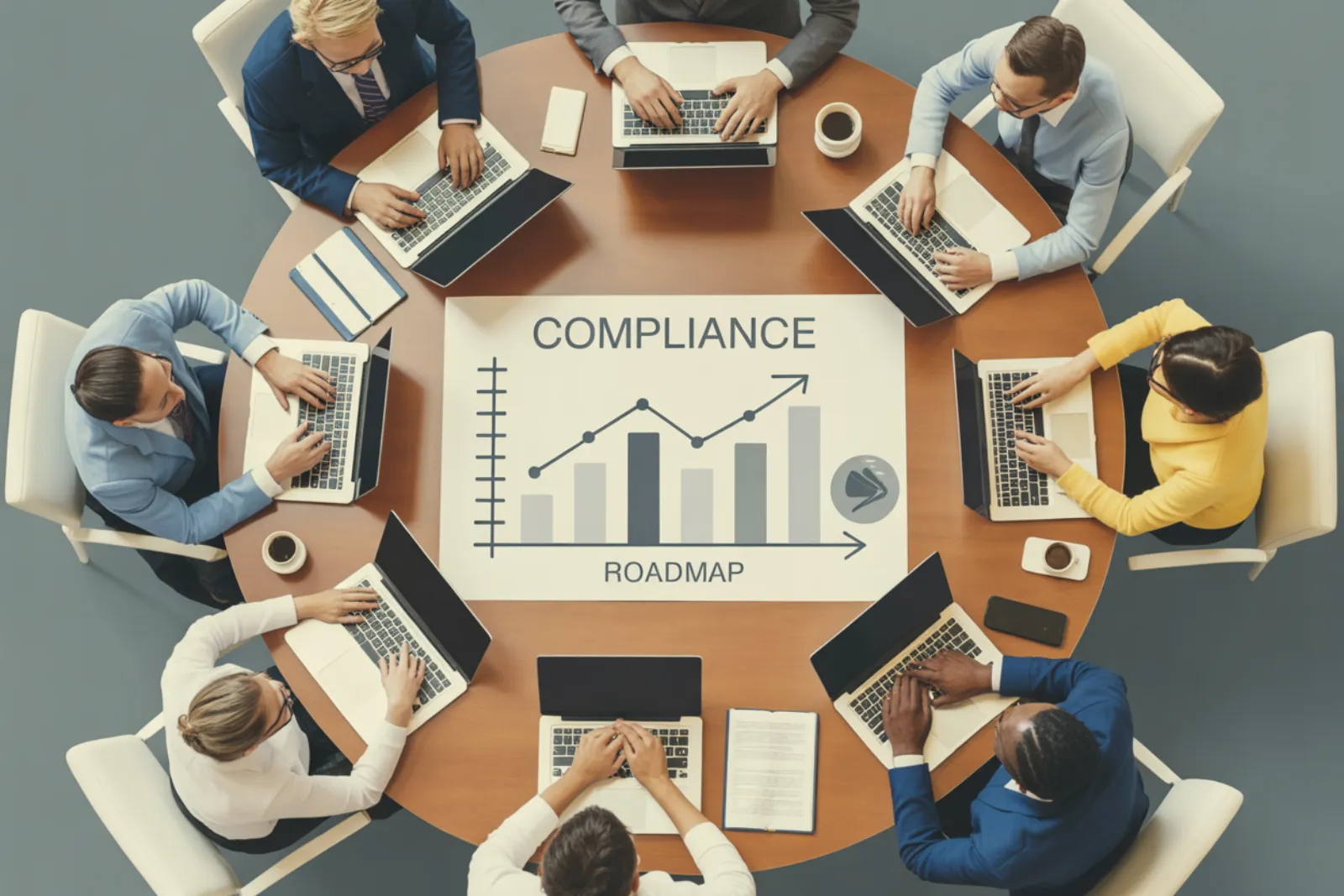 Overhead view of a team with laptops around a conference table with a compliance roadmap chart