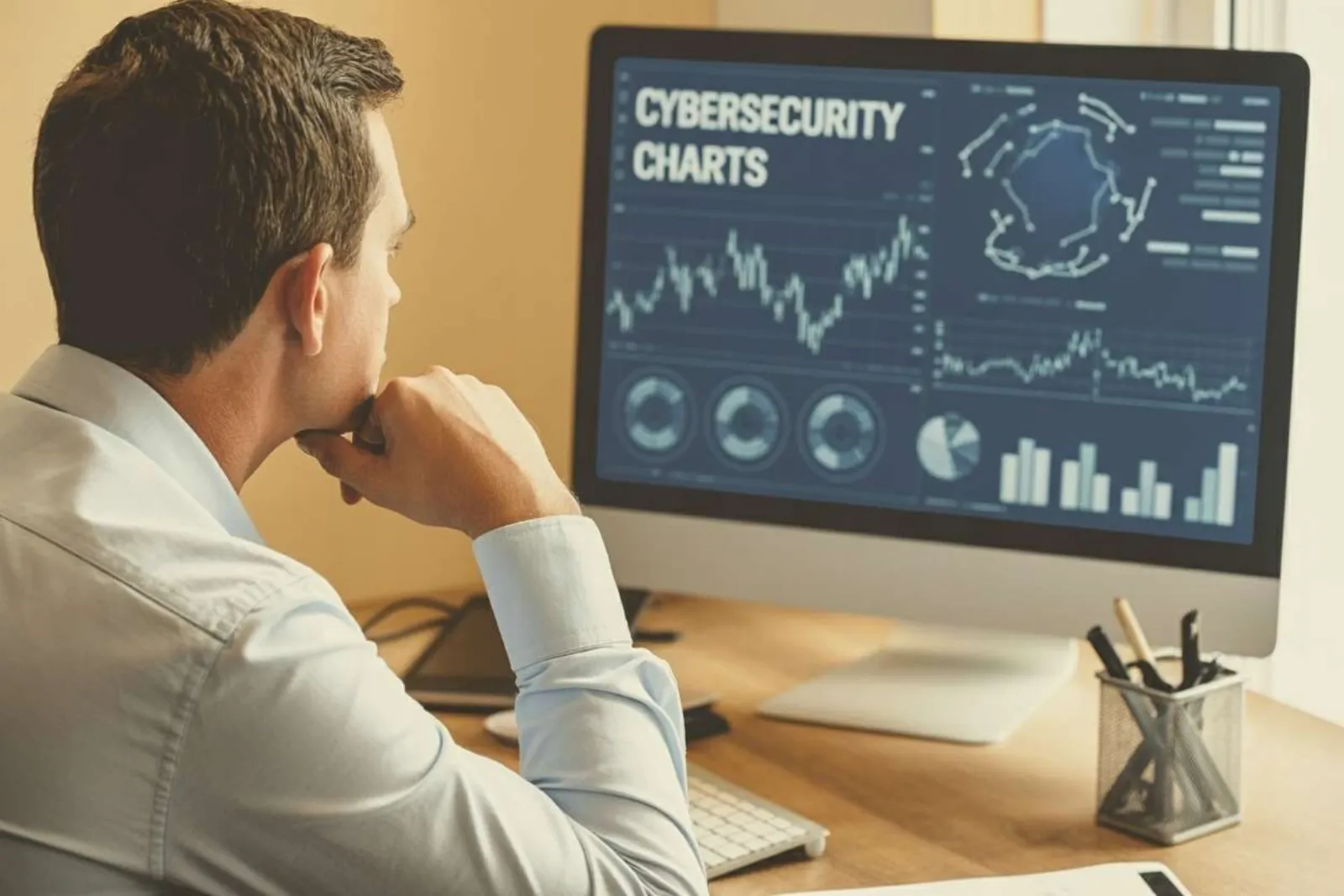 Professional analyzing cybersecurity charts and threat data on a desktop monitor at an office desk