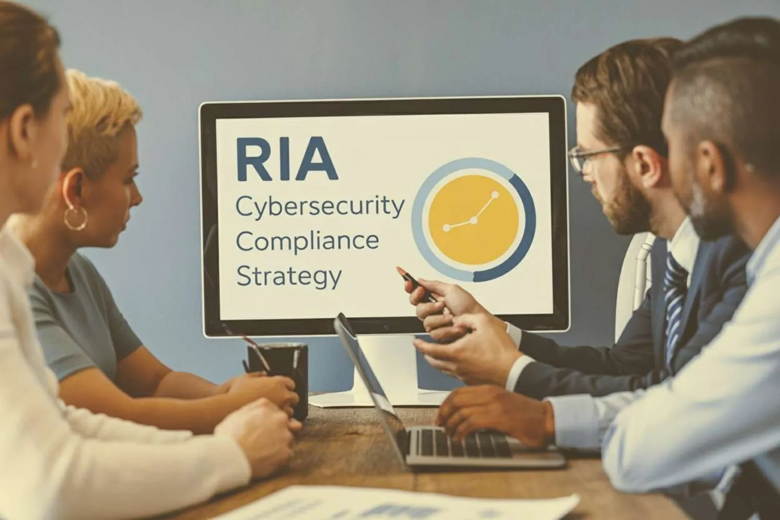 Three colleagues in a meeting viewing an RIA cybersecurity compliance strategy presentation on screen
