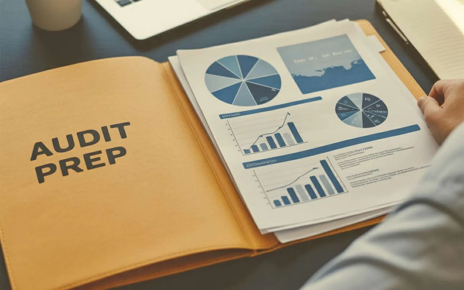 Open audit prep folder containing pages of pie charts, bar graphs, and trend line reports