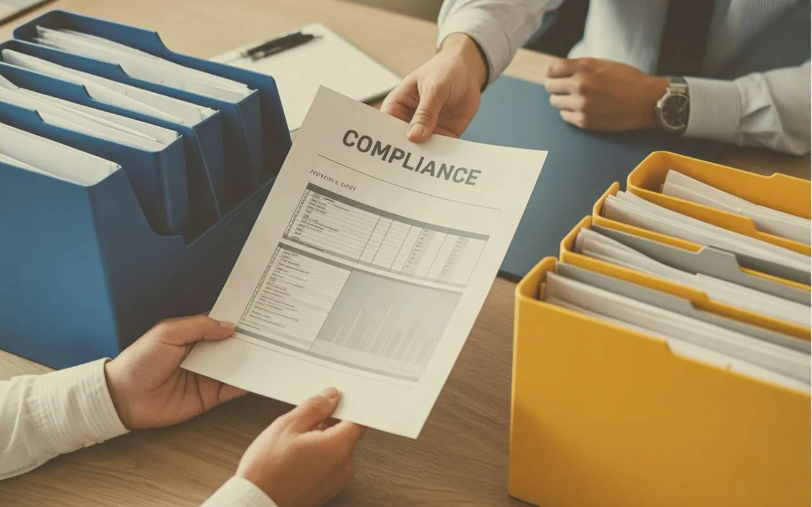 Hands holding a compliance document spreadsheet between blue and yellow filing folders