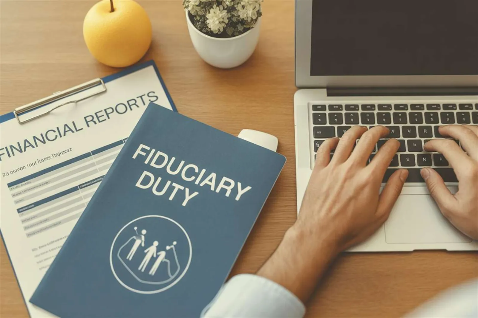 Fiduciary duty handbook and financial reports on a desk next to an open laptop
