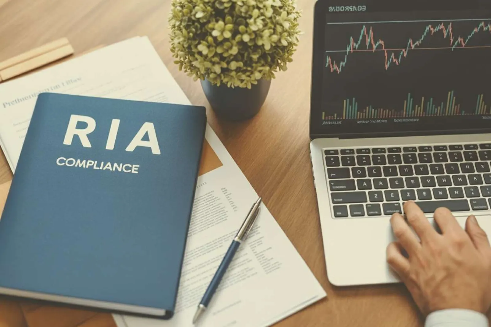RIA Compliance book next to a laptop showing market data charts on a wooden desk