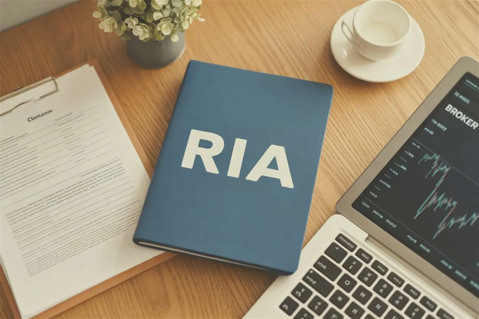 Blue RIA handbook on a wooden desk beside a laptop displaying stock charts