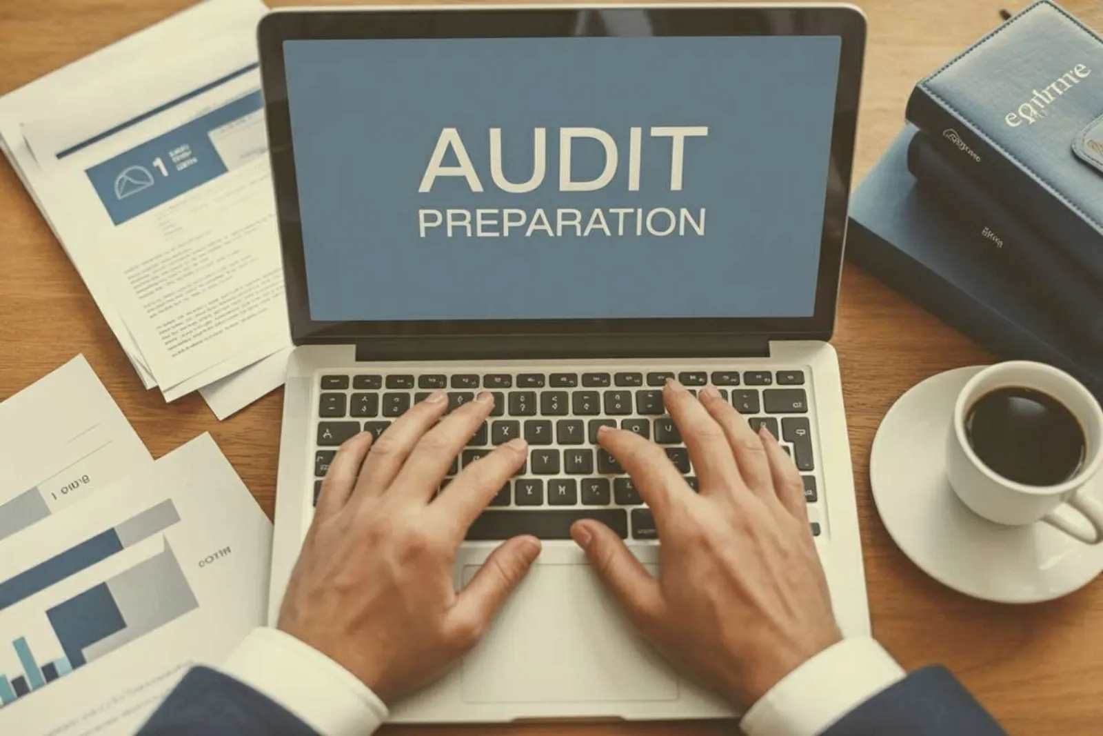 Hands typing on a laptop displaying Audit Preparation with documents and coffee nearby