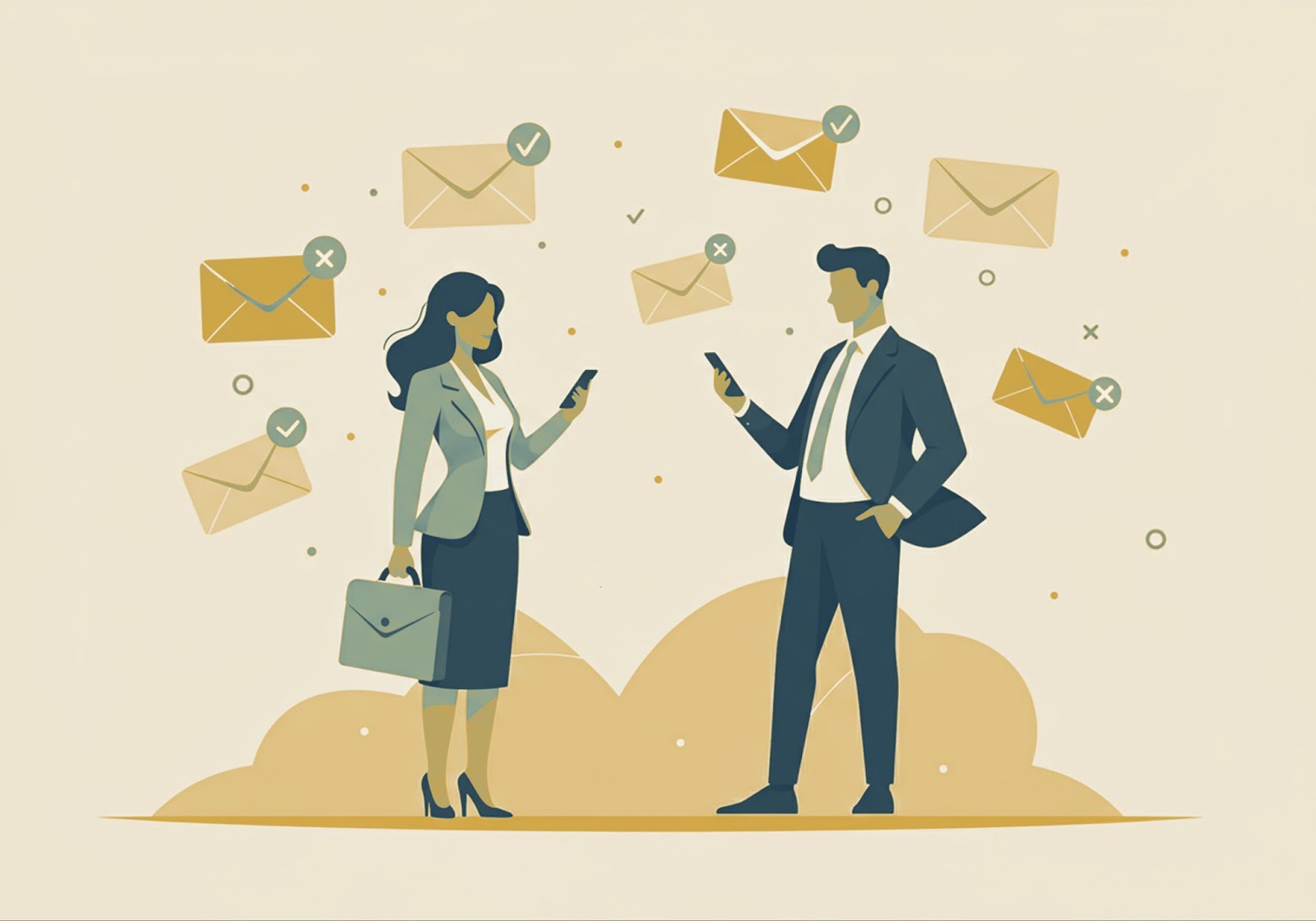 Two business professionals checking phones surrounded by floating envelope icons with checkmarks