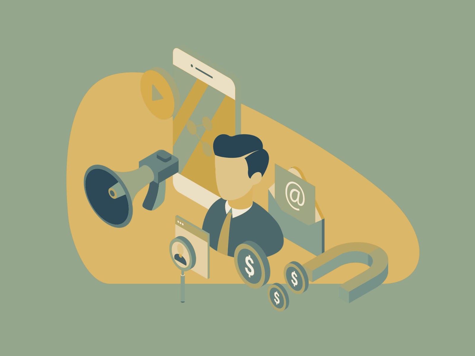 Illustrated marketer with megaphone, phone, email, dollar signs, and magnet on green background