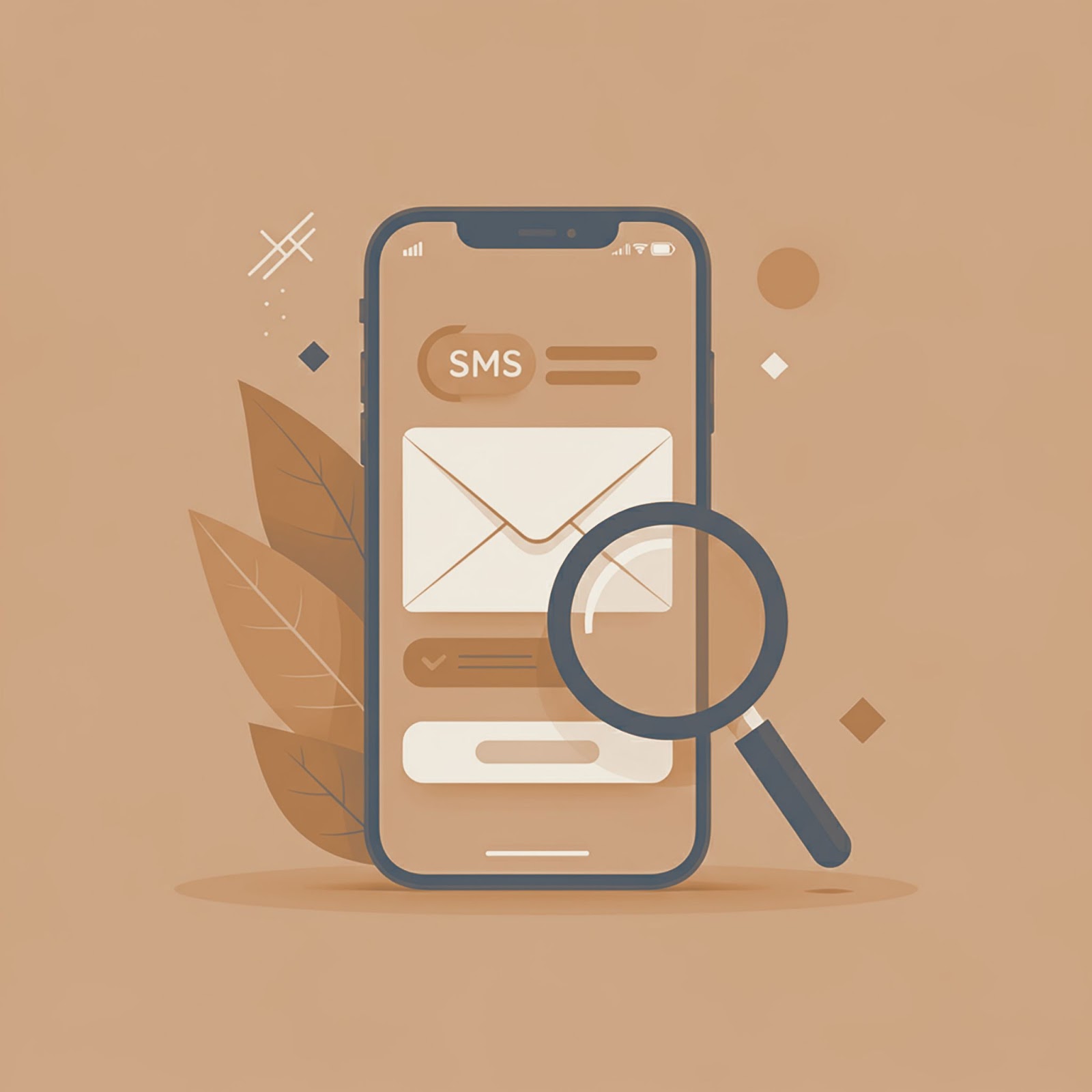 Smartphone displaying an SMS envelope with a magnifying glass and decorative leaf elements