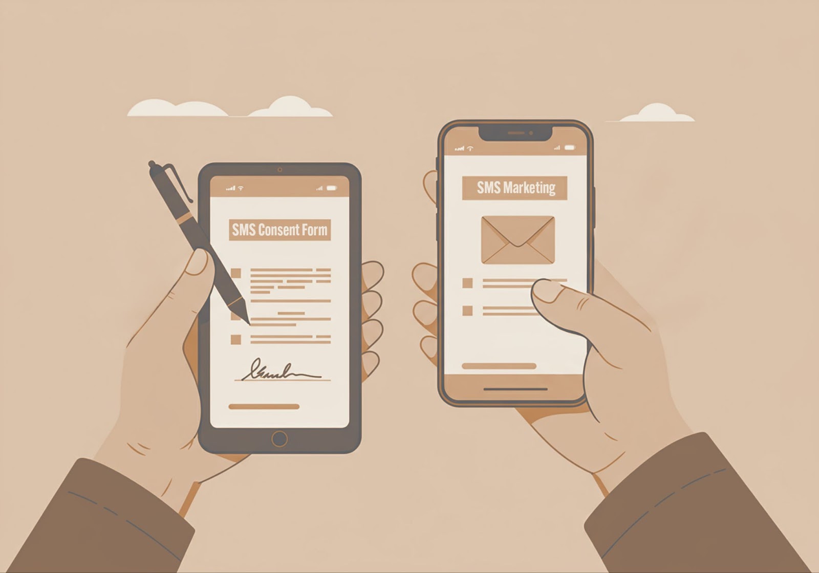 Hands holding two phones showing an SMS consent form being signed and an SMS marketing screen