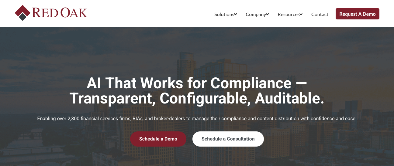 Red Oak homepage with AI compliance tagline over a city skyline background