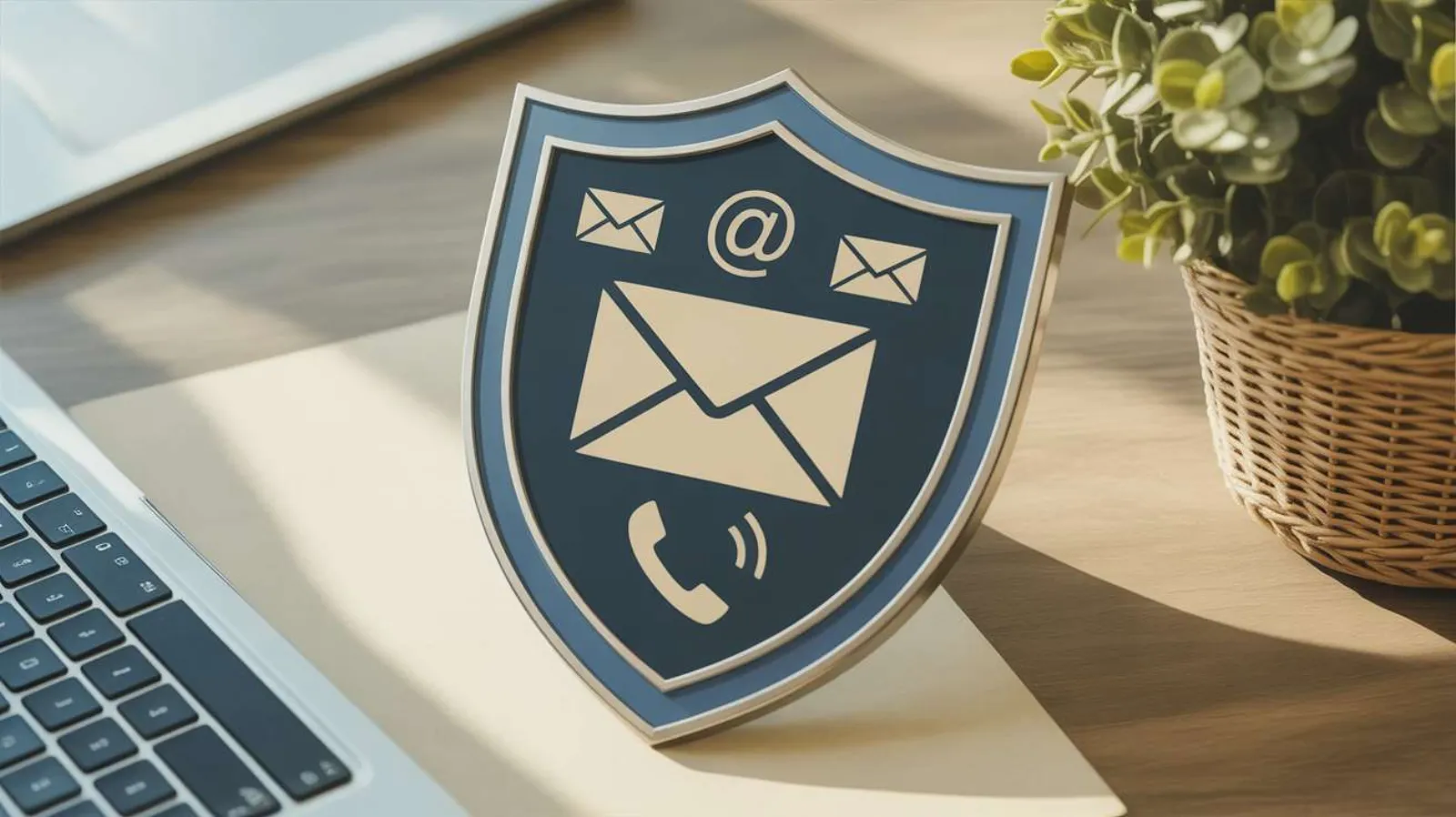 Blue shield icon with email envelope, phone, and at-symbol on a desk beside a laptop