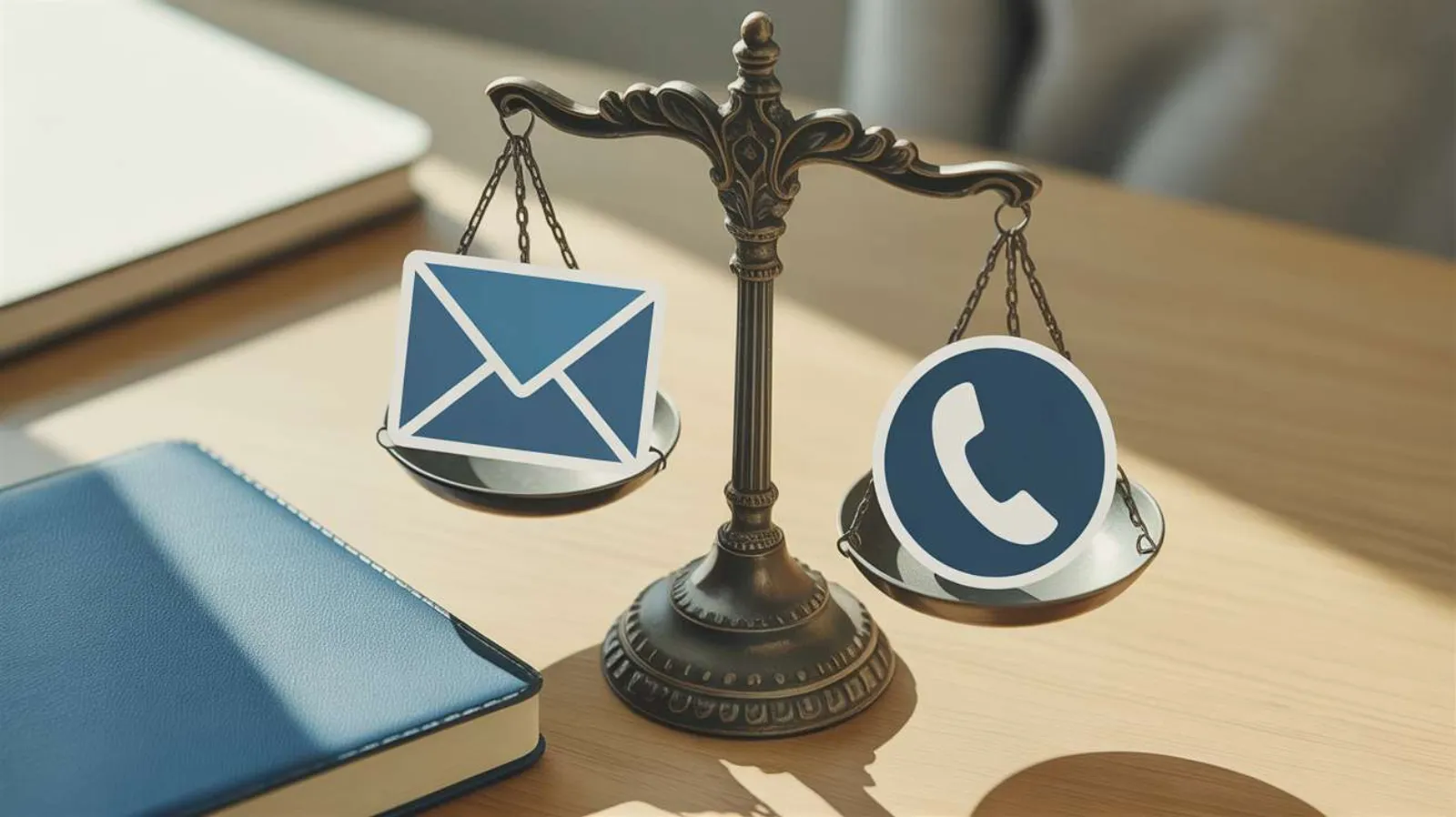 Brass justice scales balancing an email envelope icon and a phone icon on a desk