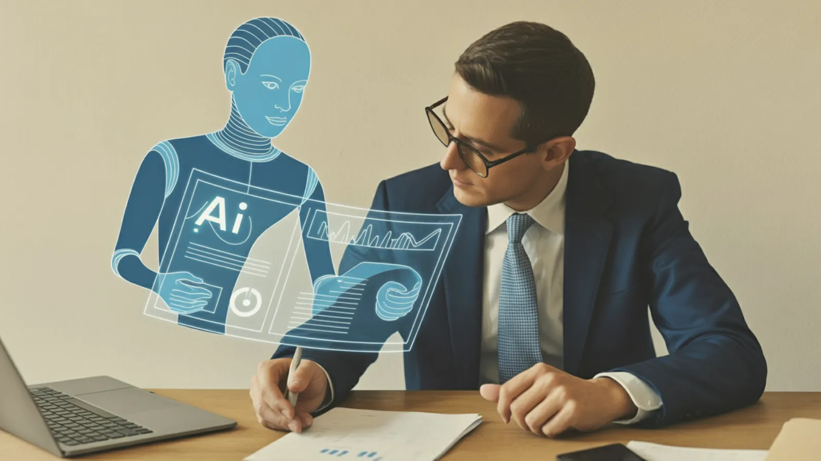 Businessman writing at desk while a translucent AI figure displays holographic compliance charts