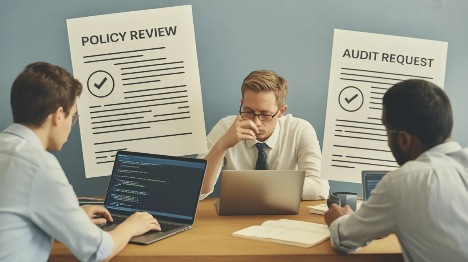Three professionals at laptops with oversized policy review and audit request documents behind them